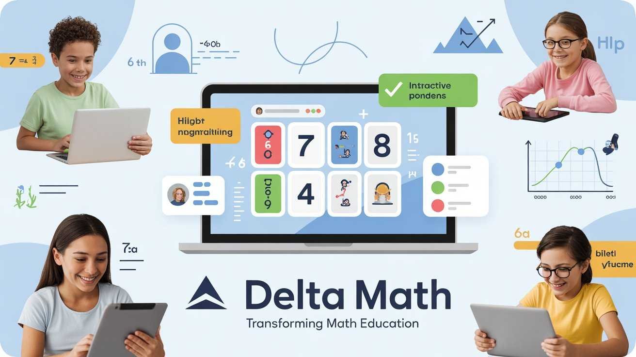 Vibrant educational infographic about Delta Math tools