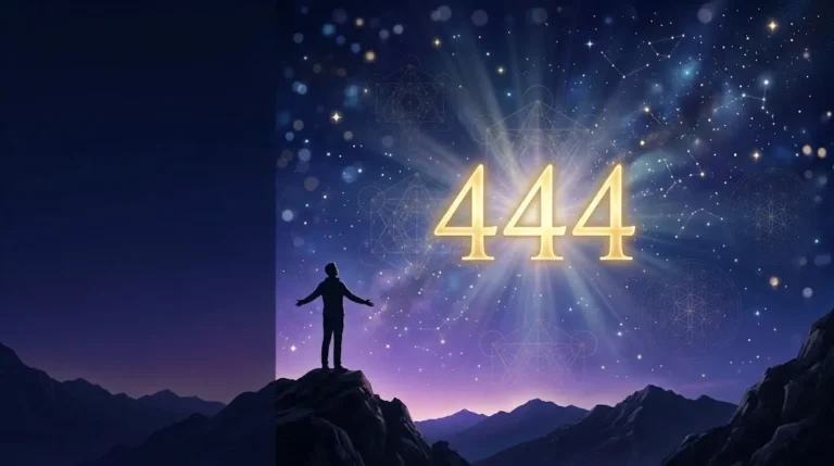 Glowing golden 444 angel number meaning floating in a mystical cosmic night sky above a silhouette standing on a mountain top receiving divine guidance.