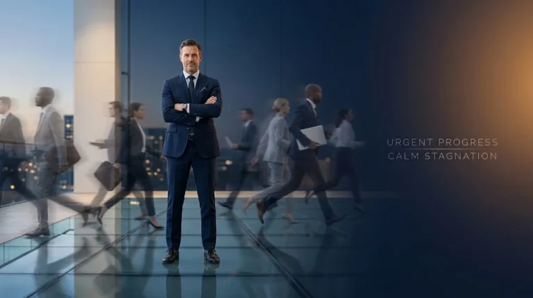 Complacent meaning explained visually through a standing businessman surrounded by blurred moving professionals in a fast-paced environment.