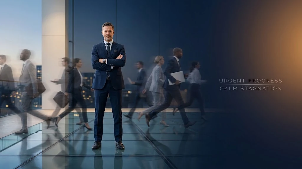 Complacent meaning explained visually through a standing businessman surrounded by blurred moving professionals in a fast-paced environment.