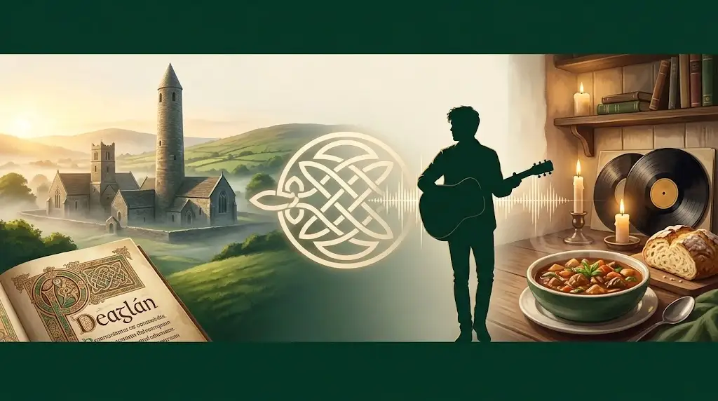 declan meaning and Irish heritage featured banner showing Celtic round tower, ancient manuscript, musician silhouette, and warm Irish kitchen