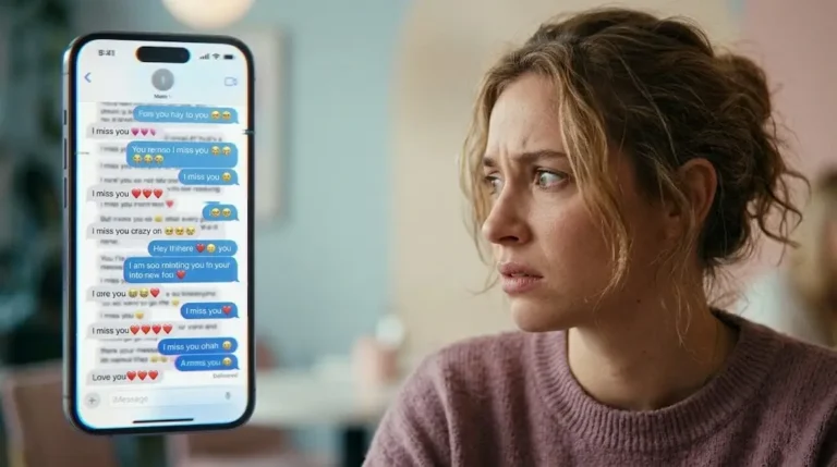 A woman displaying a subtle expression of the ick while looking at clingy text messages, explaining ick meaning in dating.
