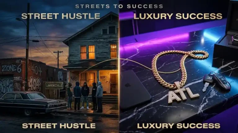Split composition image illustrating the migos meaning, showing a street hustle scene in Lawrenceville Atlanta alongside luxury gold chains and car keys.