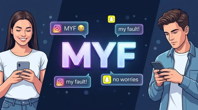 Digital slang dictionary illustration explaining MYF meaning in text with glowing 3D letters and chat bubbles.