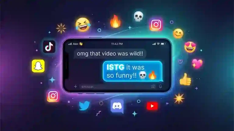 Vibrant flat-lay illustration of a smartphone screen showing a text conversation with ISTG highlighted in neon blue, surrounded by social media icons and emojis.