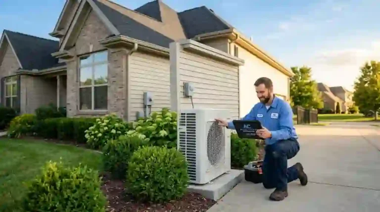 Muskurata hua HVAC technician blue uniform mein, ek modern suburban ghar ke bahar concrete pad par lage AC unit ka inspection karte hue aur ek tablet par diagnostics check karte hue.