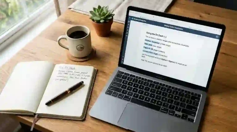 A clean modern flat-lay workspace with a laptop screen showing en dash punctuation examples in blue, an open notebook, a fountain pen, and a coffee cup on a wooden desk.