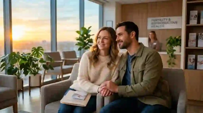 A hopeful couple sitting together in a modern fertility clinic waiting room, holding hands as golden sunrise light streams through large glass windows.