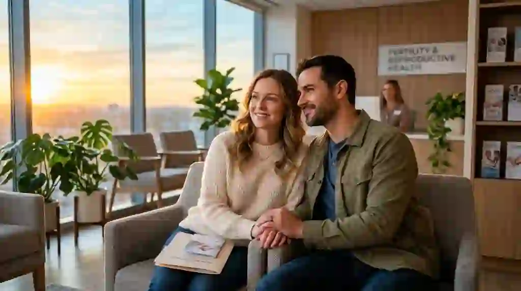 A hopeful couple sitting together in a modern fertility clinic waiting room, holding hands as golden sunrise light streams through large glass windows.