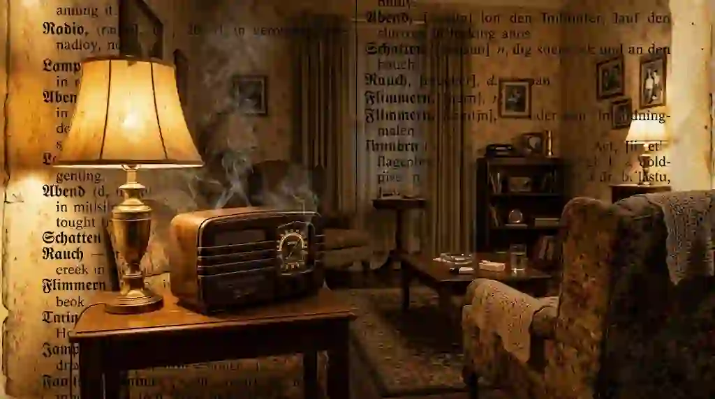 A vintage 1940s American living room with a smoking tabletop radio, glowing table lamp, and overlay of a faded German dictionary page.