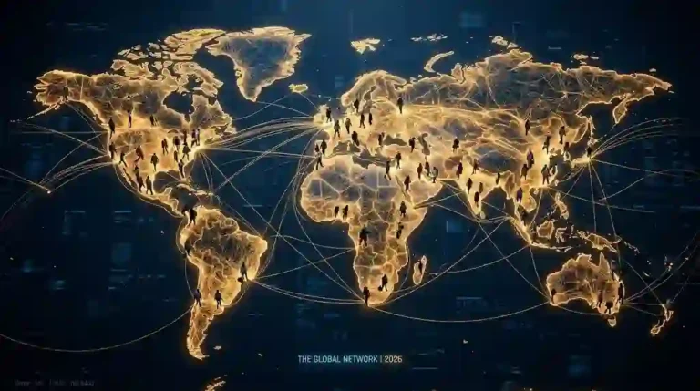 Glowing golden world map with interconnected digital network threads and human silhouettes walking across continents on a dark blue background.