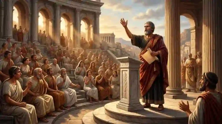An ancient Greek philosopher with a scroll gestures passionately from a marble podium as a crowd in togas reacts in surprise in a sunlit amphitheater.