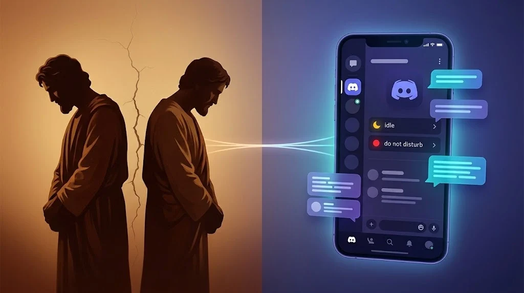 Conceptual editorial illustration explaining discord meaning with classical figures symbolizing human conflict on the left and a modern smartphone with the Discord app interface on the right.