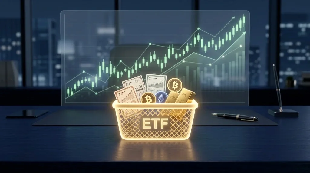 Glowing ETF basket with stocks and crypto representing etf meaning and diversification