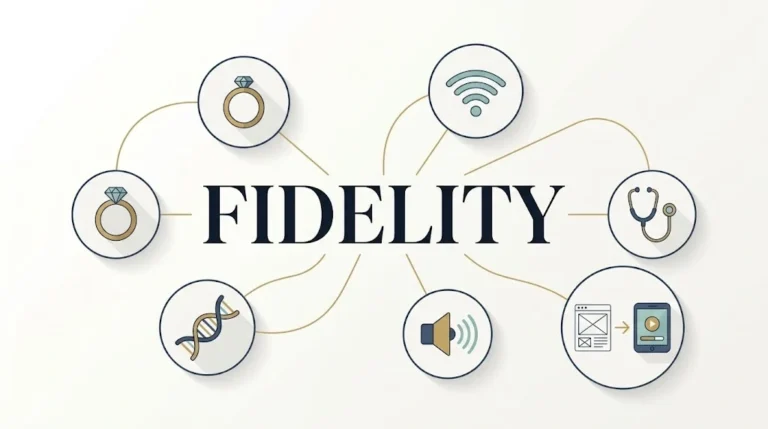 An infographic illustrating the fidelity meaning through six central icons—marriage ring, Wi-Fi signal, stethoscope, DNA strand, audio speaker, and prototype design—connected around the word FIDELITY.