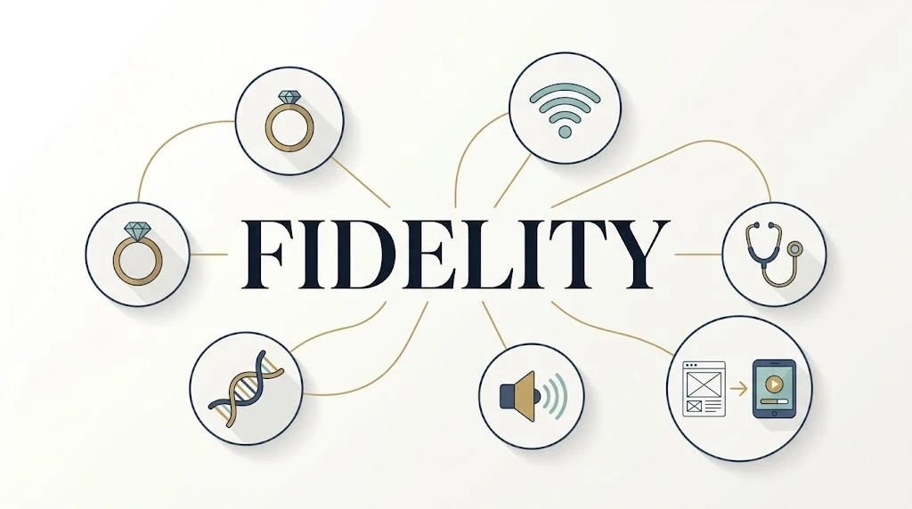 An infographic illustrating the fidelity meaning through six central icons—marriage ring, Wi-Fi signal, stethoscope, DNA strand, audio speaker, and prototype design—connected around the word FIDELITY.